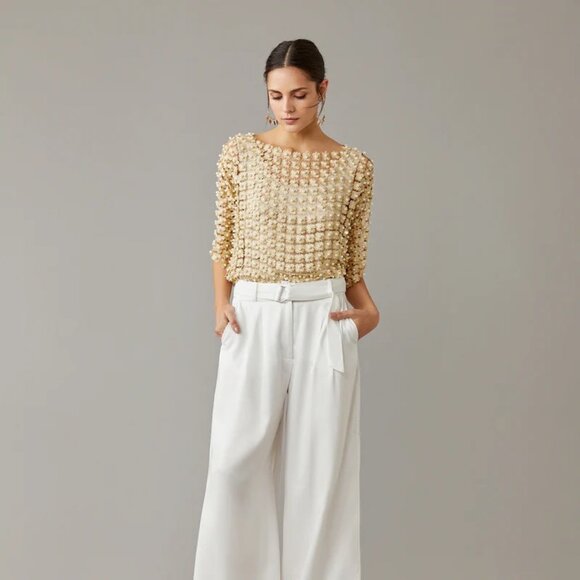 NWT Pearl Embellished Crochet Top, Gold Floral Embroidery Detail, flaw - Picture 7 of 13